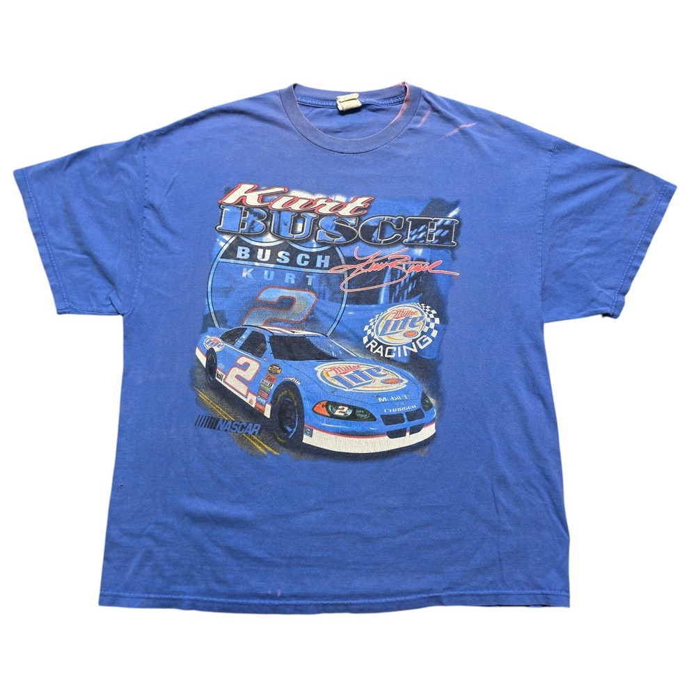 Y2K Vintage Kurt Busch Miller Lite Racing Graphic Tee Mens XXL Blue CFS Nascar